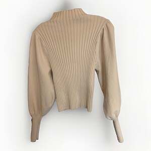 Beige Botany Women's Cream Ribbed Knit Mock Neck Balloon Sleeves Cropped S-